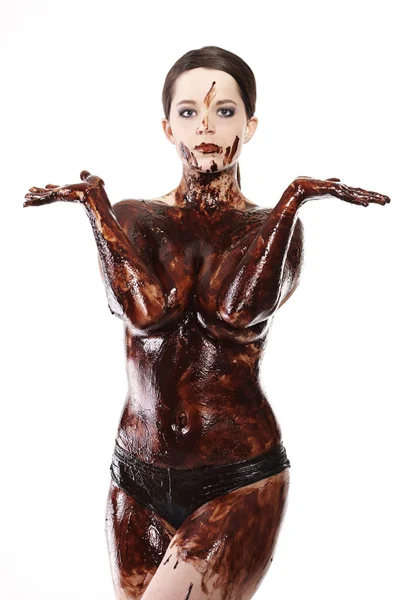Femme dégustation de chocolat liquide — Photo