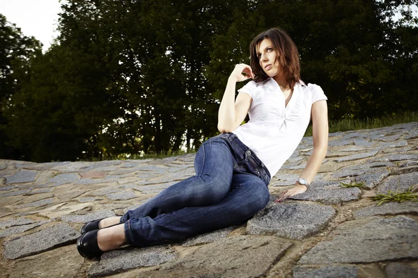 Slim lady by the river — Stock Photo, Image