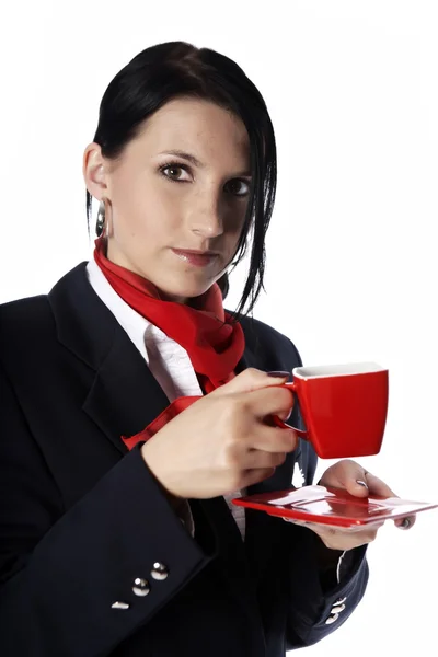 Flight attendant drinking cup of coffee — Stock Photo, Image