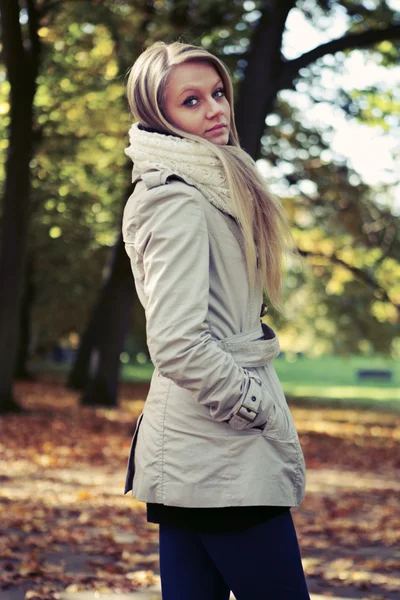 Joven hermosa dama posando en el parque de otoño — Foto de Stock
