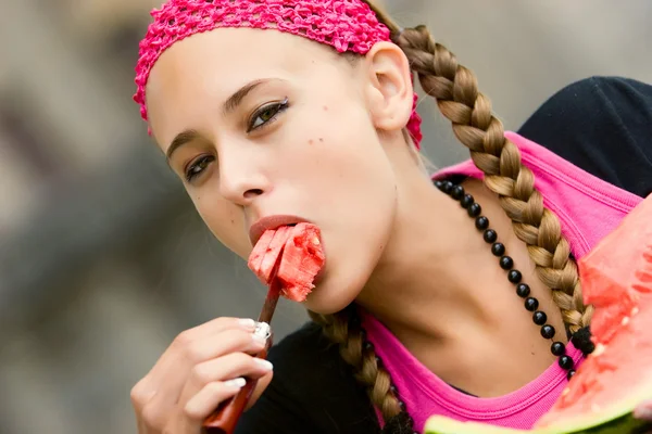 Young woman with watermelon — Stock Photo, Image