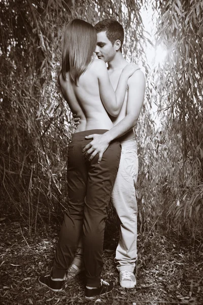 Pareja joven en el parque de otoño — Foto de Stock