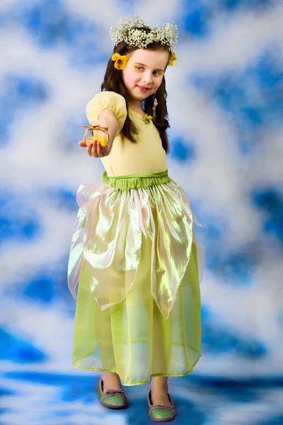 Princess - little girl sitting on background in studio — Stock Photo, Image