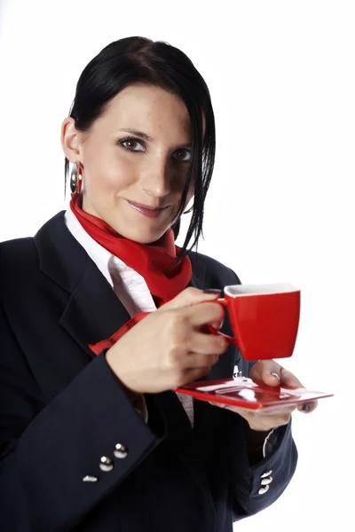 Flight attendant drinking cup of coffee — Stock Photo, Image