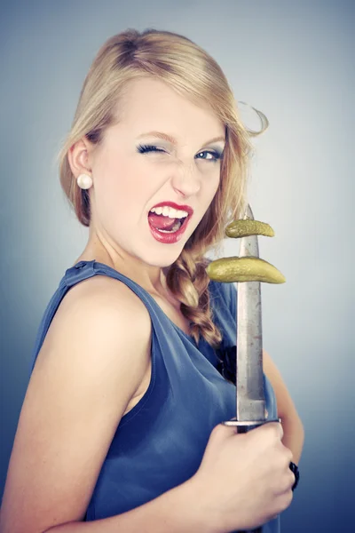 Blonde beauty posing in studio for unusual fashion and glamour portrait — Stock Photo, Image