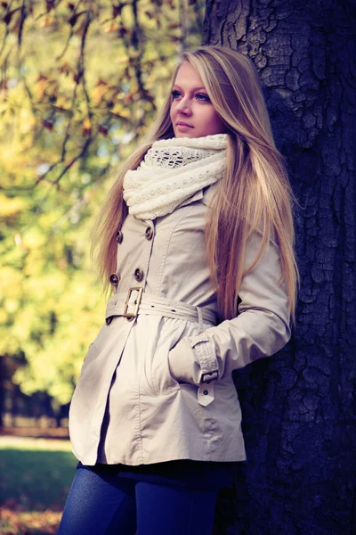 Young beautiful lady posing in autumn park — Stock Photo, Image