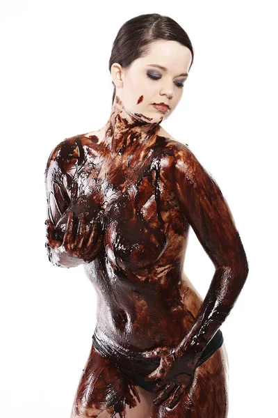 Mulher degustação chocolate líquido — Fotografia de Stock