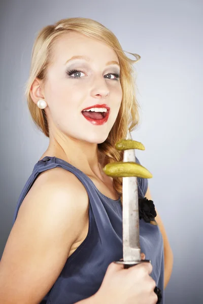 Blonde beauty posing in studio for unusual fashion and glamour portrait — Stock Photo, Image