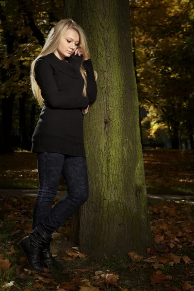 Joven hermosa dama posando en el parque de otoño —  Fotos de Stock