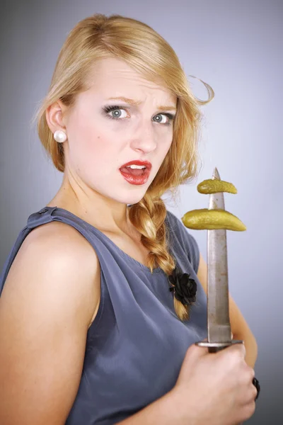 Blonde beauty posing in studio for unusual fashion and glamour portrait — Stock Photo, Image