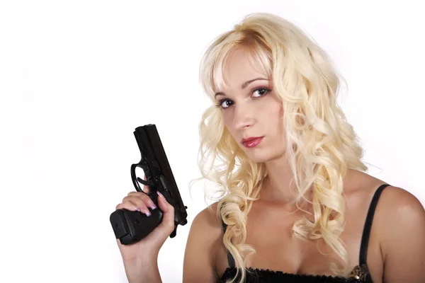 Mujer rubia sexy con pistola — Foto de Stock