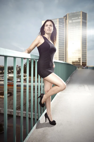 Brunette girl on a bridge — Stock Photo, Image