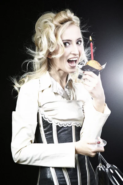 Blonde girl with a birthday Cake — Stock Photo, Image