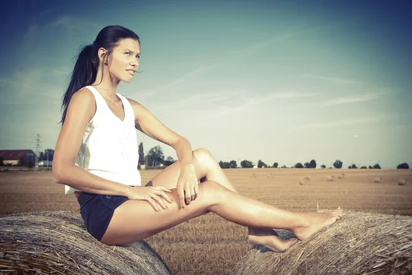 Brunette girl in a field — Stock Photo, Image