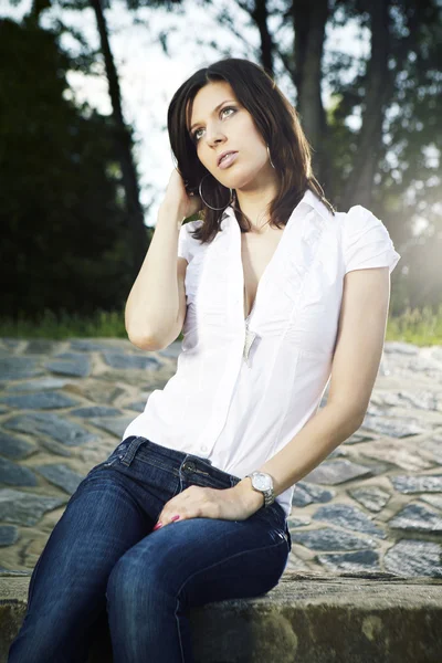 Slim lady by the river — Stock Photo, Image