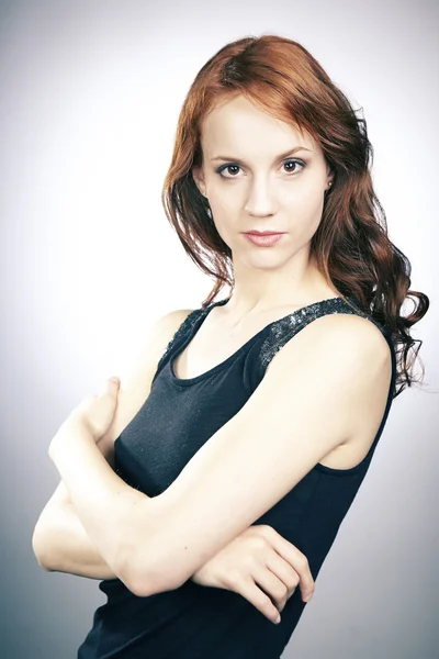 Redhead lady in black shirt — Stock Photo, Image