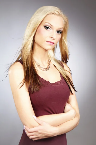 Blonde beauty in red shirt — Stock Photo, Image