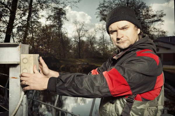 Worker Launching Micro Hydropower Plant Small River — Stock Photo, Image