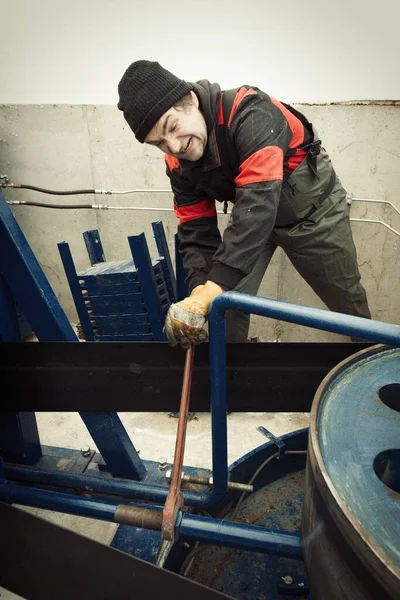 Worker Launching Micro Hydropower Plant Small River — Stock Photo, Image