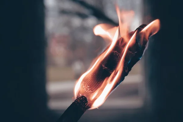 Detail Lit Mediaeval Torch Made Wooden Stick Jute Impregnated Beef — Stock Photo, Image