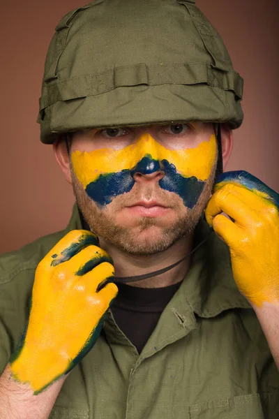 Man Expressing Respect Ukraine National Colors Face — Stock Photo, Image