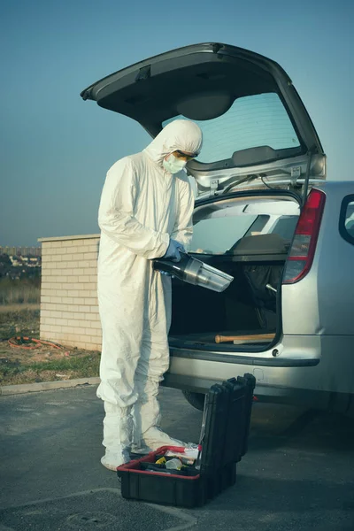 Criminologist Technician Collecting Evidence Vacuum Micro Filter — Stock Photo, Image