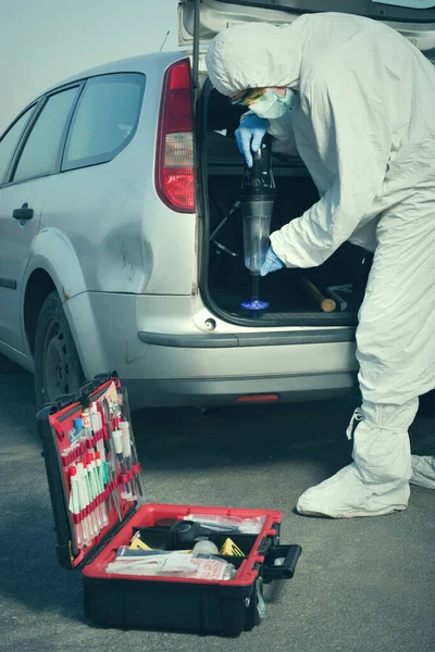 Criminologist Technician Collecting Evidence Vacuum Micro Filter — Stock Photo, Image