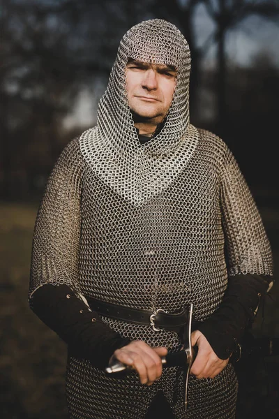 Medieval Infantry Armed Man Dressed Chain Armor Outdoor — Stock Photo, Image