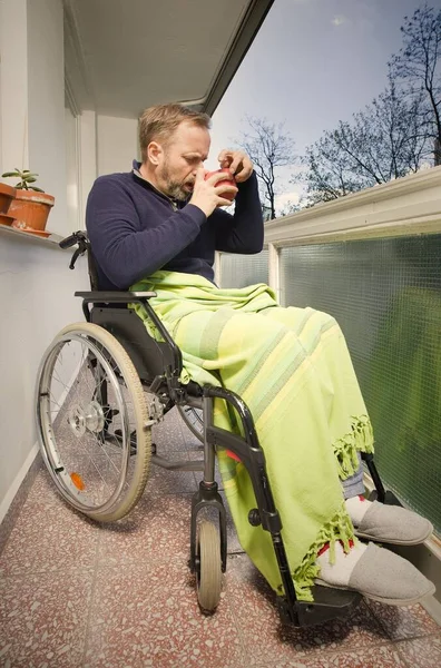 Disabled Man Wheel Chair Enjoying Nice Day Balcony — Photo