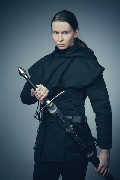 Medieval Infantry Armed Woman Dressed Classic Gambeson — Stock Photo, Image