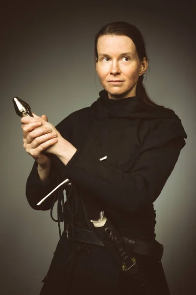 Medieval Infantry Armed Woman Dressed Classic Gambeson — Stock Photo, Image
