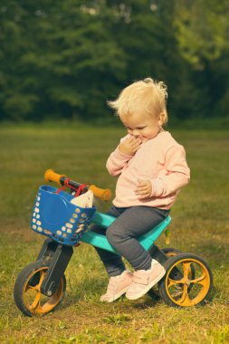 One and half year old baby girl on tricycle bike with ferret friend
