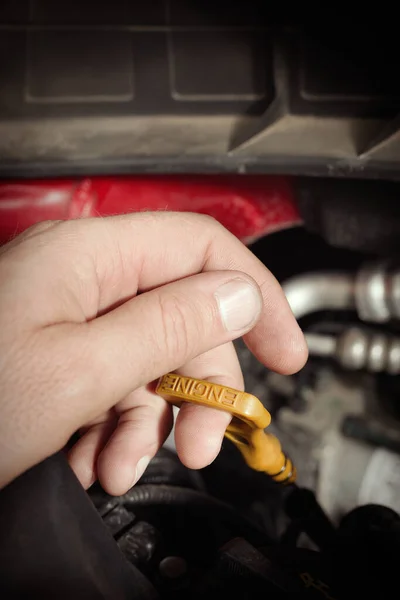 Car Driver Take Care His Car Longer Trip Checking Oil — Stock Photo, Image