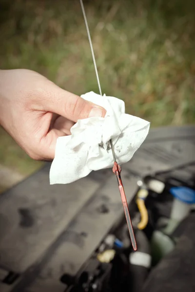 Car Driver Take Care His Car Longer Trip Checking Oil — Stock Photo, Image