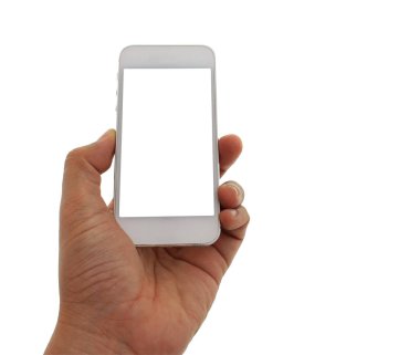 El ele tutuşan cep telefonu beyaz arkaplanda izole edilmiş.