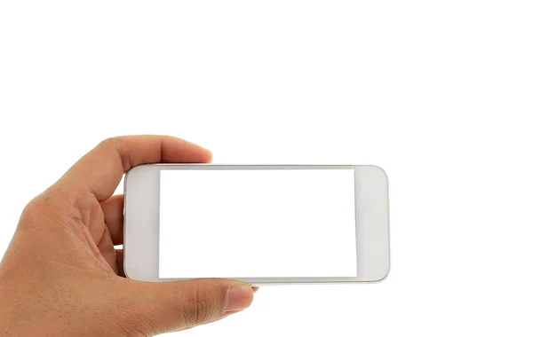 Ręka Trzyma Telefon Komórkowy Pokazać Izolowane Białym Tle — Zdjęcie stockowe