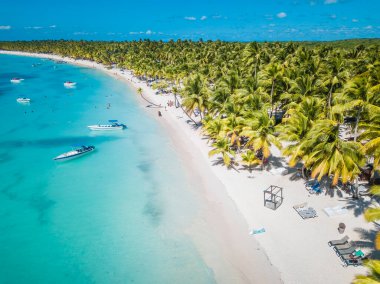 Dominik 'in Saona Adası' ndaki sahil manzarası. Temiz mavi suyu ve yeşil palmiyeleri olan Karayip Denizi. Tropik plaj. Dünyanın en iyi plajı..