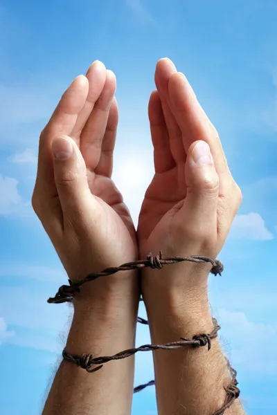 Ruce svázané s ostnatým drátem — Stock fotografie