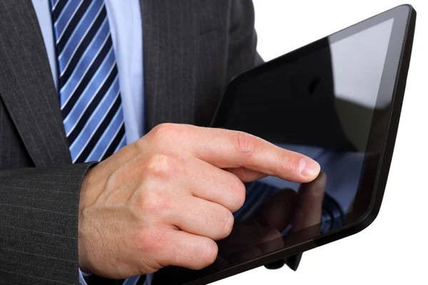 Finger pointing on digital tablet — Stock Photo, Image