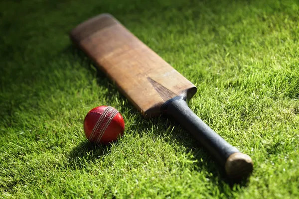 Kriketová pálka a míč — Stock fotografie