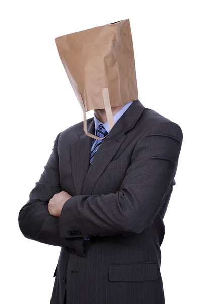 Бізнесмен з паперовим мішком на голові — стокове фото