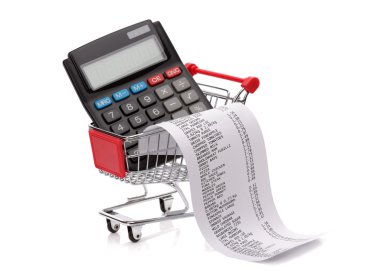 Shopping till receipt, calculator and cart clipart