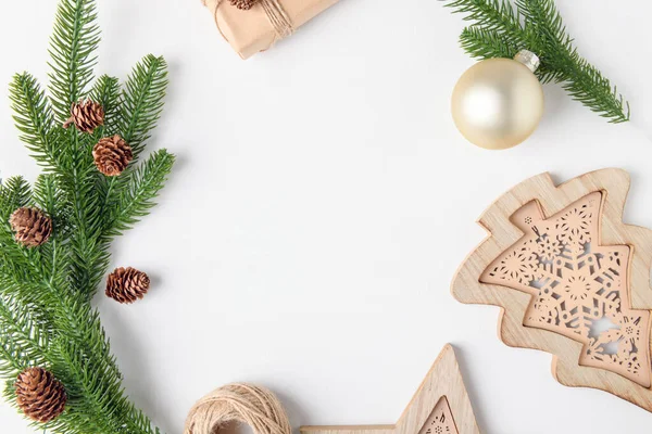 Vánoční Pozadí Rám Jedle Větvičky Dřevěný Nulový Odpad Domácí Dekorace — Stock fotografie