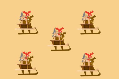 Yılbaşı ren geyiği deseni, retro ahşap Noel süslemesi ren geyiği bej sırt çantasındaki noel ağacı kızağı.