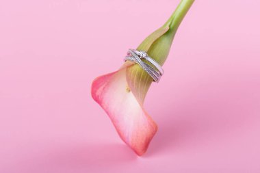 Sevgililer günü kartı için pembe arka planda nişan yüzüğü olan pembe zambaklar ya da sevgililer günü hediyesi, doğum günü, flört, yıldönümü. Fotokopi alanı ile pembe calla çiçek dokusu