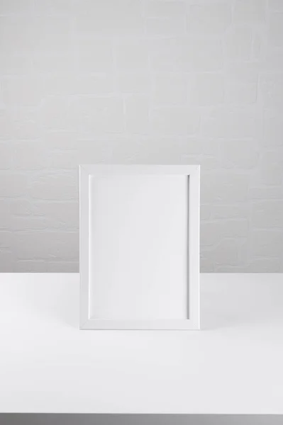 Portrait White Wooden Frame Mockup White Table White Wall Background — Stock Photo, Image