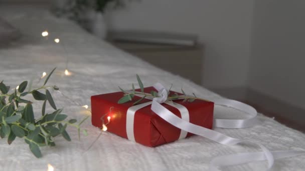 Een Geschenk Van Rood Kraftpapier Met Eucalyptus Tak Voor Kerstmis — Stockvideo