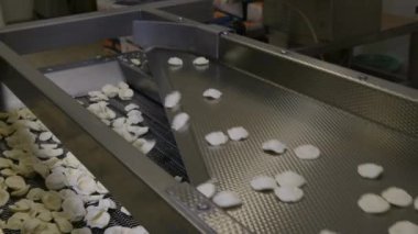 Production of Italian pasta ocrecchiette by Puglia region in little pasta factory, typical Apulian cuisine. Assembly line in the production of fresh Italian pasta, food industry Italy, slow motion