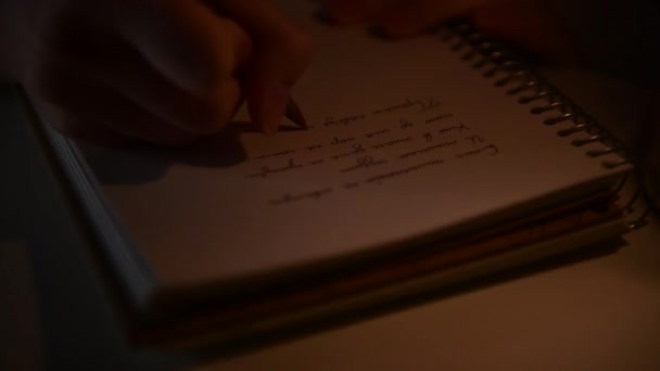 Female Hand Writes Notebook Flickering Candle Light Writing Poetry Inspiration — Wideo stockowe