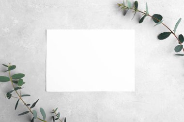 Wedding stationery landscape invitation card mockup 5x7 on neutral grey stone background with eucalyptus leaves clipart